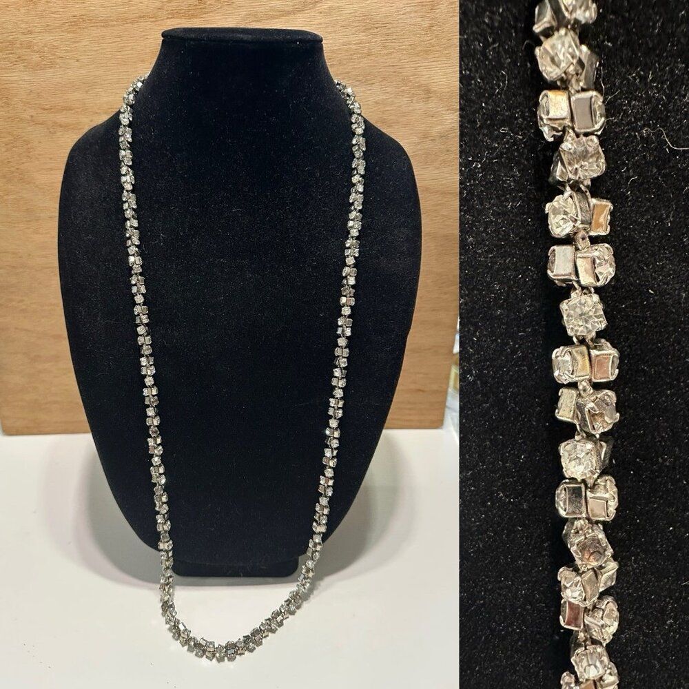 Rolled Rhinestone Rope Silver tone Necklace 35” 80s Sparkle